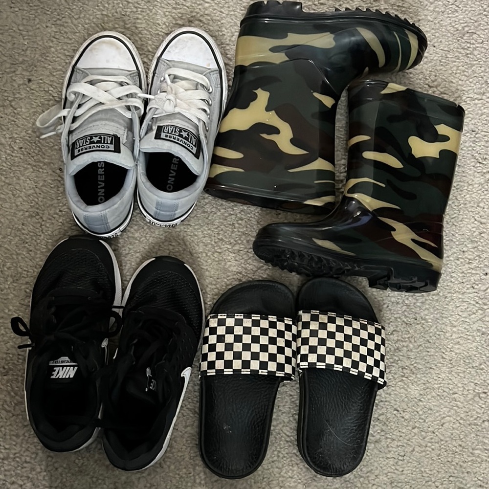Size 11 rain boots, converse tennis shoes, Nike tennis shoes, vans slides